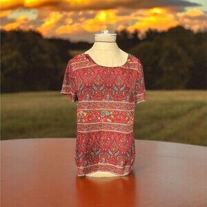 J Crew Women Top Small Orange Paisley  T-Shirt Short Sleeve Tee Boxy Work XS